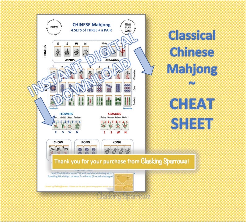 K&ouml;nnte beinhalten: Ein wei&szlig;es Cheat Sheet f&uuml;r klassisches chinesisches Mahjong, mit Diagrammen von Spielsteinen, Winden, Drachen und Blumen. Der Text "INSTANT DIGITAL DOWNLOAD" ist &uuml;berlagert. Das Blatt enth&auml;lt den Text "CHEAT SHEET".