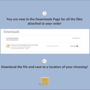 K&ouml;nnte beinhalten: Eine digitale Download-Seite mit dem Titel "Downloads" auf blauem Hintergrund. Sie enth&auml;lt einen Link zum Herunterladen eines "Classical Chinese Mahjong Cheat Sheet" im PDF-Format. Anweisungen zum Herunterladen und Speichern der Datei werden bereitgestellt.