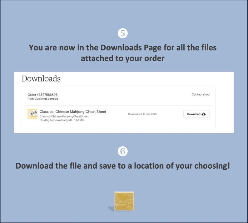 K&ouml;nnte beinhalten: Eine digitale Download-Seite mit dem Titel "Downloads" auf blauem Hintergrund. Sie enth&auml;lt einen Link zum Herunterladen eines "Classical Chinese Mahjong Cheat Sheet" im PDF-Format. Anweisungen zum Herunterladen und Speichern der Datei werden bereitgestellt.