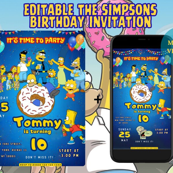 Simpsons Editable Birthday Invitation - Célébrez avec la famille bien-aimée de Springfield Canva Template invitation party téléchargement instantané