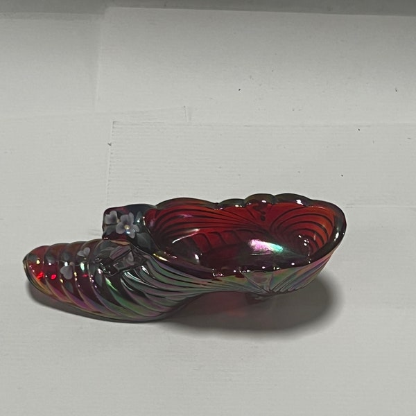 Fenton glass red carnival glass cat face art glass slipper shoe