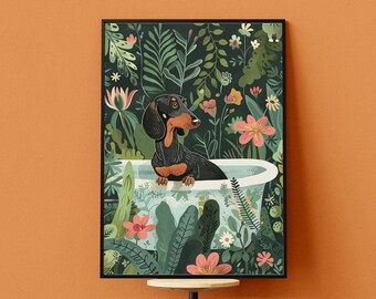 Ilustración floral de perro salchicha, perro salchicha en la bañera, póster tropical ecléctico, impresión bohemia de baño con temática selvática, botánico maximalista, regalo de perro salchicha