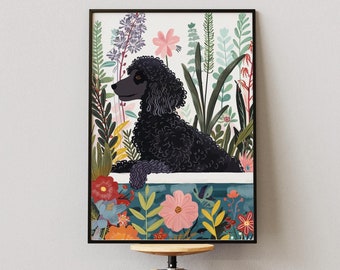 Black Standard Poodle Art, Boho Jungle Bathtub Print, Dog Portrait,Maximalist Botanical Decor,Eclectic Tropical Poster,Colorful Nursery Kids