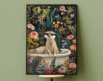 Meerkat Wall Art Print on Fine Art Paper, Boho Jungle Kids Room Decor, Maximalist Tropical Botanical Animal Poster, Bathroom Wall Art