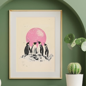 Póster de pingüino con luna brillante, impresión de disco funky de los años 70, arte de pared retro de pingüino espacial, collage genial, arte de dormitorio con luna brillante, regalo para amantes de los animales