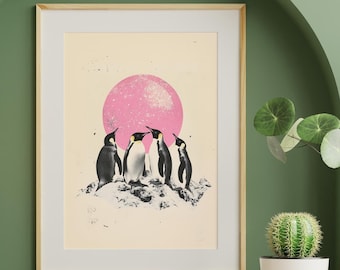 Penguin Art Print Glitter Moon,Funky Disco 70s Poster,Retro Space Wall Art,Cool Collage,Sparkly Moon Aesthetic Dorm Decor,Animal Lover Gift