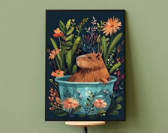Capybara Wall Art on Fine Art Paper, Boho Jungle Animal Kids Room Print, Tropical Bathroom Decor, Maximalist Eclectic Bathtub Poster