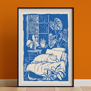 Impresión de arte de pared de gato peculiar, lindo arte de línea de gato retro para dormitorio, póster de linograbado vintage, decoración de dormitorio boho, ilustración de gato dibujada a mano, regalo para mamá gata