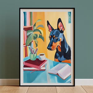 Retro Doberman Pinscher Artwork Print for Study,Vintage Office Desk Decor,Still Life Doberman Painting Illustration Dorm Poster,Dog Mom Gift