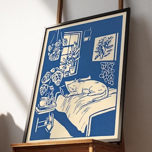 Quirky Cat Wall Art Print,Cute Retro Bedroom Cat Line Art,Vintage Linocut Style Poster,Boho DormRoom Decor,Cat Illustration,Cat Mom Gift