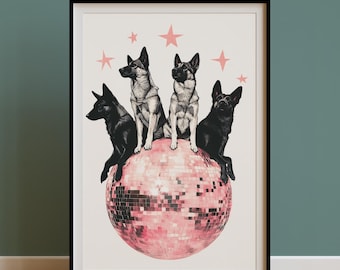 German Shepherd Art Print, Vintage Disco Ball Poster, 70s Funky Retro Tan GSD Art, Girly Dorm Room Collage,Black GSD Owner Dog Mom Gift