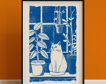 Retro Cat Art Print, Quirky Kitchen Cat Artwork Painting, Vintage Linocut Style Illustration Poster, Boho Line Art Dining Decor,Cat Mom Gift