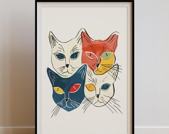 Unique Cat Painting, Matisse Cat Line Art Drawing, Abstract Artwork Poster Print,Eclectic Modern Minimalist Kitchen Decor,Cat Lover Mom Gift