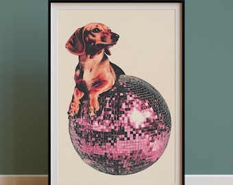 Red Dachshund Wall Art Print, Vintage Disco Ball Poster,70s Funky Retro Doxie Art,Girly Dorm Collage,Brown Dachshund Owner Gift,Kids Room