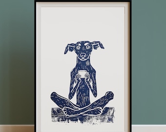 Quirky Dog Coffee Wall Art Print,Weird Retro Kitchen Dog Teacup Line Art,Vintage Poster,Boho Dining Decor,Hand Drawn Grumpy Dog Illustration