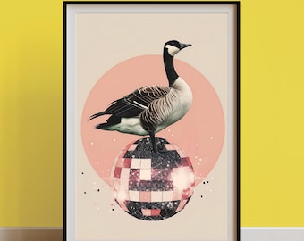 Retro Goose Wall Art, Disco 70s Duck Print,Vintage Collage Silly Goose Poster,Cool Sparkly Dorm Room Art,Bird Lover Birdwatcher Trendy Gift