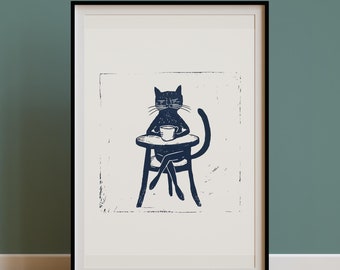 Quirky Cat Coffee Wall Art Print,Weird Retro Kitchen Cat Teacup Line Art,Vintage Poster,Boho Dining Decor,Hand Drawn Grumpy Cat Illustration