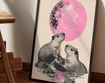 Cute Capybara Art, Disco Ball Moon Poster,Funky 70s Collage,Retro Capybara Wall Art,Cool Dorm Room Decor,Animal Lover Gift for Her,Kids Room