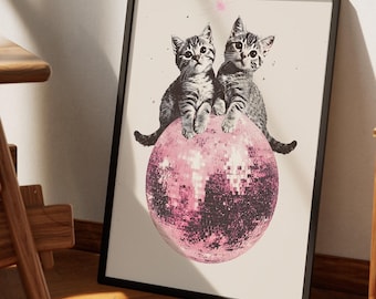 Tabby Kittens Disco Ball Poster, Retro Tabby Cat Artwork, Funky Disco 70s Print,Cool Collage,Mirrorball Girly Room Art,Trendy Cat Lover Gift