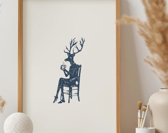 Quirky Deer Coffee Wall Art Print,Weird Retro Kitchen Deer Teacup Art,Vintage LinoCut Style Poster,Boho Dining Decor,Deer Illustration Gift