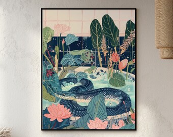 Slang muurkunst print op fine-art papier, Balinees decor, boho jungle dieren badposter, poster boho jungle dieren, maximalistisch botanisch eclectisch, Japanse print