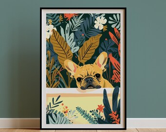 French Bulldog Wall Art, Fawn Frenchie Owner Gift, Boho Jungle Tropical Bathtub Print, Maximalist Botanical Home Decor, Funny Poster DIGITAL