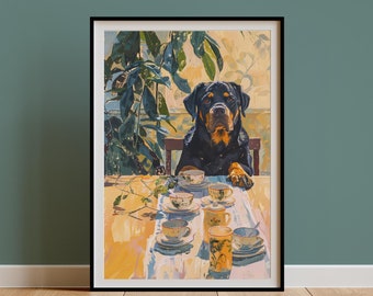 Retro Rottweiler Art Print, Dog & Coffee Illustration Poster, Dining Room Teacups Artwork,Still Life Painting,Vintage Kitchen Decor,Mom Gift