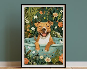 Fawn Staffy Wall Art, Jungle Bathtub Tropical Print, Maximalist Botanical Decor, Eclectic Staffie Poster, Staffordshire Owner Gift, DIGITAL
