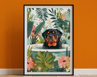 Rottweiler Wall Art, Awkward Rottie Boho Jungle Bathtub Print, Maximalist Botanical Decor, Eclectic Tropical Poster, Dog Owner Gift, DIGITAL