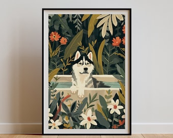 Siberian Husky Wall Art, Boho Jungle Bathtub Print, Maximalist Botanical Home Decor, Eclectic Tropical Poster, Dog Mom Owner Gift, DIGITAL