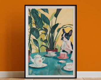 Retro Boston Terrier Art Print, Dog & Coffee Illustration Poster, Vintage Kitchen Wall Decor,Dining Room Teacups Still Life Painting for Mom