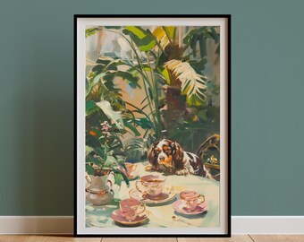 May include: A framed art print depicts a dog at a table set for tea. The dog, a Cavalier King Charles Spaniel, rests its head on the table. Pink teacups and saucers are arranged on a light green tablecloth. Lush green plants fill the background.