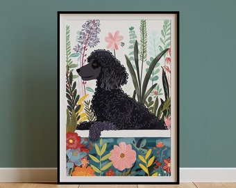 Black Standard Poodle Wall Art, Boho Jungle Bathtub Print, Maximalist Botanical Decor, Eclectic Tropical Poster, Royal Owner Gift DIGITAL