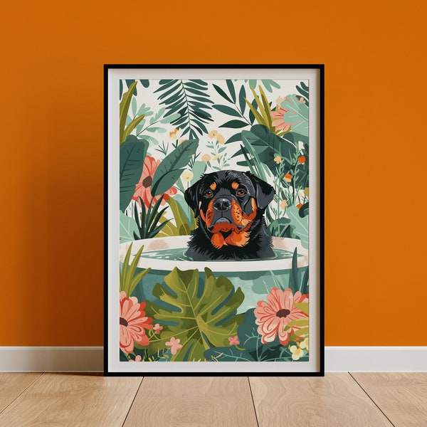 Rottweiler Wall Art, Awkward Rottie Boho Jungle Bathtub Print, Maximalist Botanical Decor, Eclectic Tropical Poster, Dog Owner Gift, DIGITAL