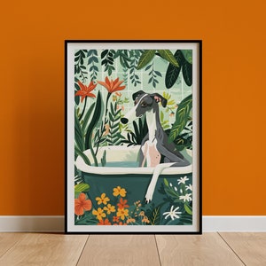 Greyhound Wall Art, Boho Jungle Bathtub Print, Maximalist Botanical Decor, Eclectic Tropical Poster, Blue White Dog Mom Owner Gift DIGITAL