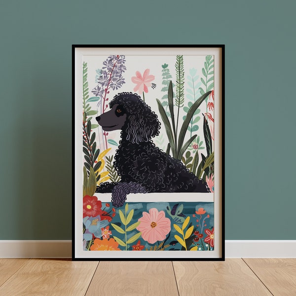 Black Standard Poodle Wall Art, Boho Jungle Bathtub Print, Maximalist Botanical Decor, Eclectic Tropical Poster, Royal Owner Gift DIGITAL