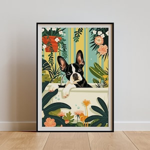 Boston Terrier Wall Art, Jungle Bathtub Tropical Print, Decoración botánica maximalista, Cartel imprimible boho ecléctico, Regalo para amantes de los perros, DIGITAL
