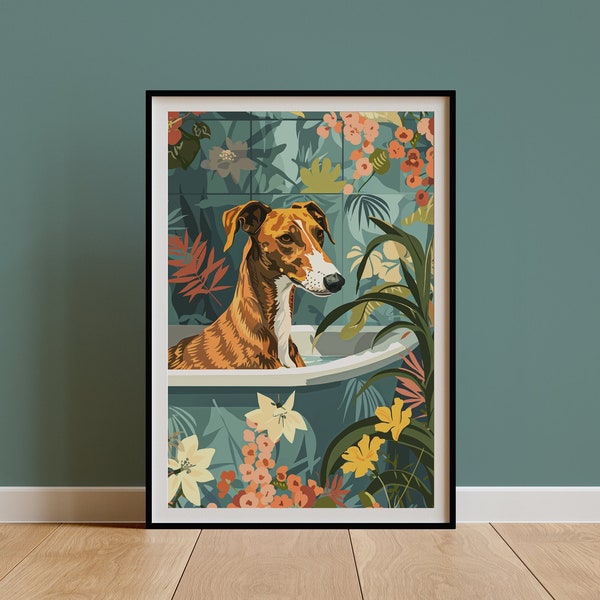 Greyhound Wall Art, Boho Jungle Bathtub Print, Maximalist Botanical Decor, Eclectic Tropical Poster, Red Brindle Dog Mom Owner Gift DIGITAL