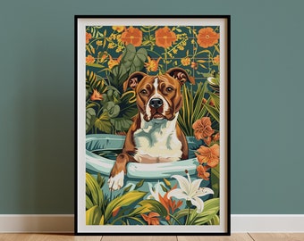 Brown Amstaff Wall Art, Red Fawn Staffy Poster, Jungle Bathtub Tropical Print, Maximalist Botanical Decor, Staffordshire Owner Gift DIGITAL