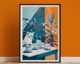 Retro White Cat & Coffee Print, Vintage Teacups Illustration Poster, Kitchen Decor, Dining Room Wall Art, Still Life Painting, Cat Mom Gift