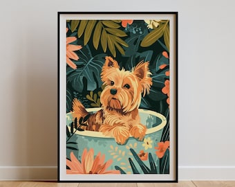 Yorkie Wall Art, Yorkshire Terrier Mom Owner Gift, Boho Jungle Bathtub Print, Eclectic Tropical Poster, Maximalist Botanical Decor DIGITAL