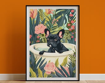 French Bulldog Wall Art, Black Frenchie Owner Gift, Boho Jungle Tropical Bathtub Print, Maximalist Botanical Decor, Funny Poster DIGITAL