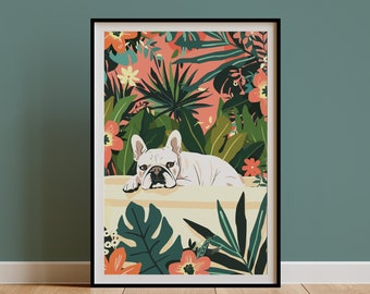 White Frenchie Wall Art, French Bulldog Owner Mom Gift, Boho Jungle Tropical Print, Maximalist Botanical Decor, Funny Cute Poster DIGITAL