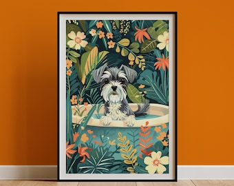 Miniature Schnauzer Wall Art, Boho Jungle Bathtub Print, Maximalist Botanical Decor, Eclectic Tropical Poster, Dog Mom Owner Gift, DIGITAL