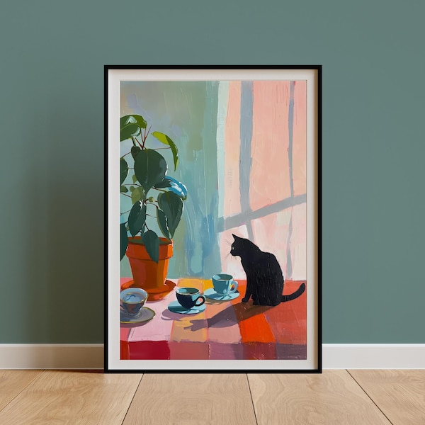 Retro Black Cat & Coffee Print, Vintage Teacups Illustration Poster, Kitchen Decor,Dining Room Wall Art,Still Life Painting,Mom or BF gift