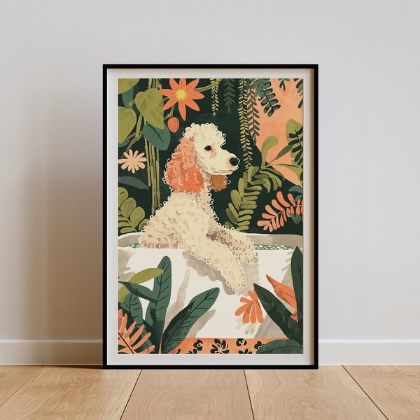 White Standard Poodle Wall Art, Boho Jungle Bathtub Print, Maximalist Botanical Decor, Eclectic Tropical Poster, Royal Owner Gift DIGITAL