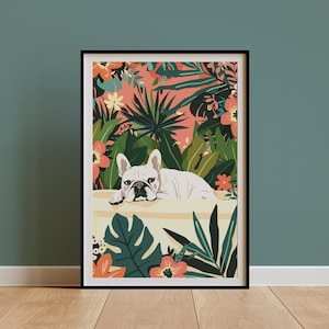 Arte de pared de Frenchie blanco, regalo de mamá propietaria de bulldog francés, impresión tropical de la selva boho, decoración botánica maximalista, cartel lindo divertido DIGITAL