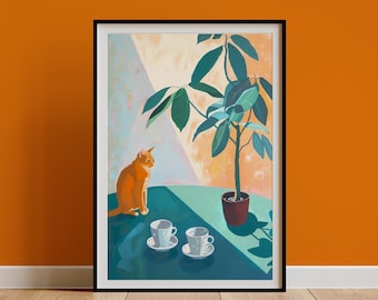 猫とティーカップの絵画 原画 レトロな黒猫とコーヒーのプリント、ヴィンテージティーカップの
