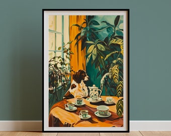 Retro Spaniel Art, Coffee & Dog Painting,Dining Room Tea Still Life Artwork Poster,Vintage Kitchen Decor,Springer Spaniel Dog Lover Gift Mom