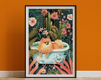 Pomeranian Wall Art, Boho Jungle Bathtub Print, Maximalist Botanical Decor, Eclectic Tropical Poster, Red Pom Dog Mom Owner Gift, DIGITAL